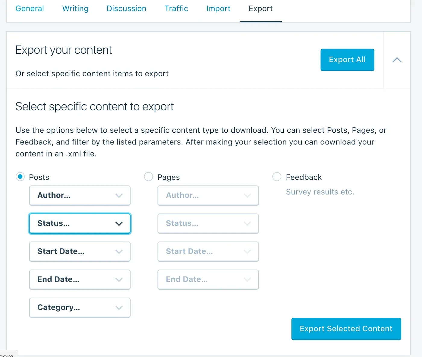 WordPress.com Export tab: “Export your content”, with options for posts, pages and feedback