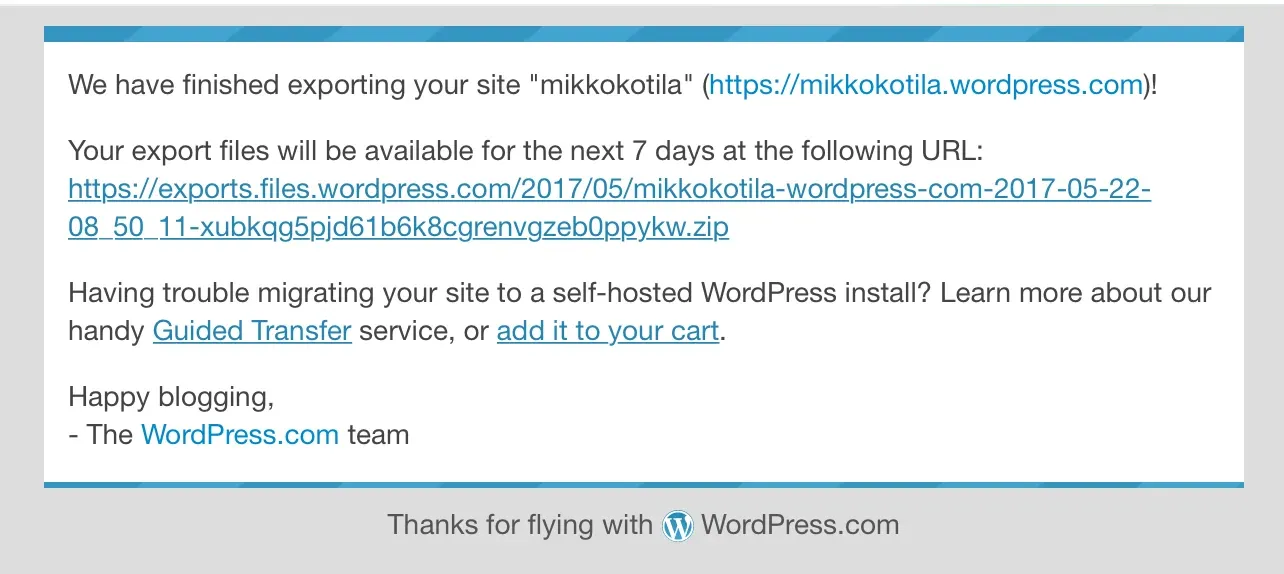 Email from WordPress.com: “We have finished exporting your site ‘mikkokotila’”, with the download link