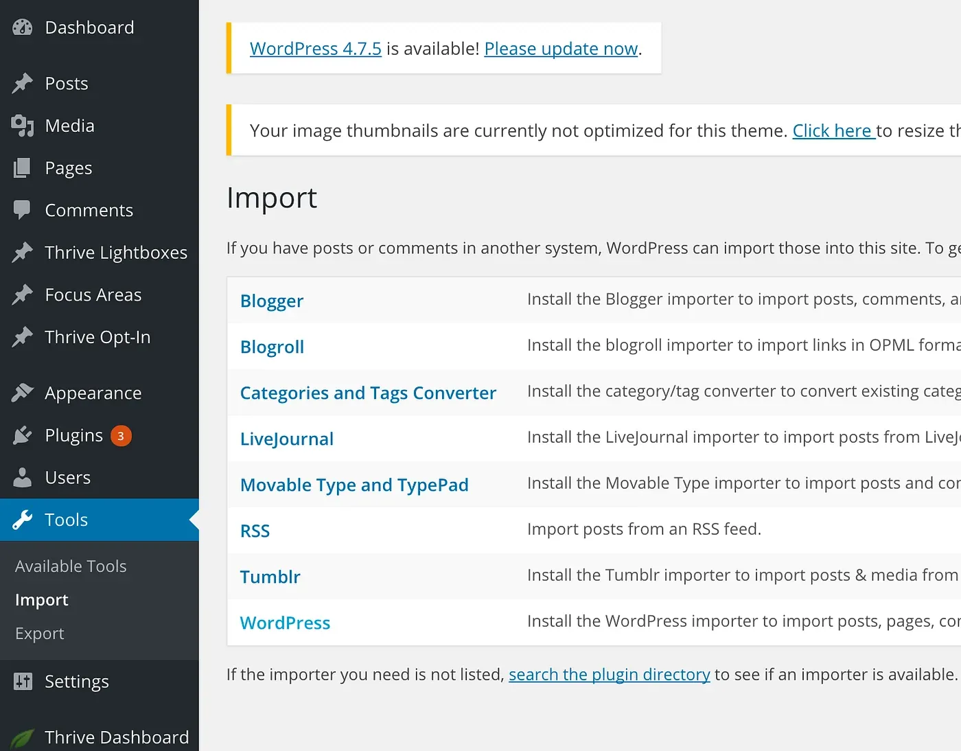 WordPress admin, Tools › Import, listing importers from Blogger to WordPress