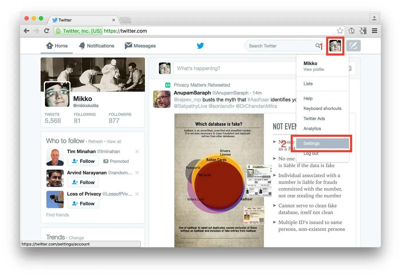 Twitter in 2016: the profile menu open, with Settings highlighted