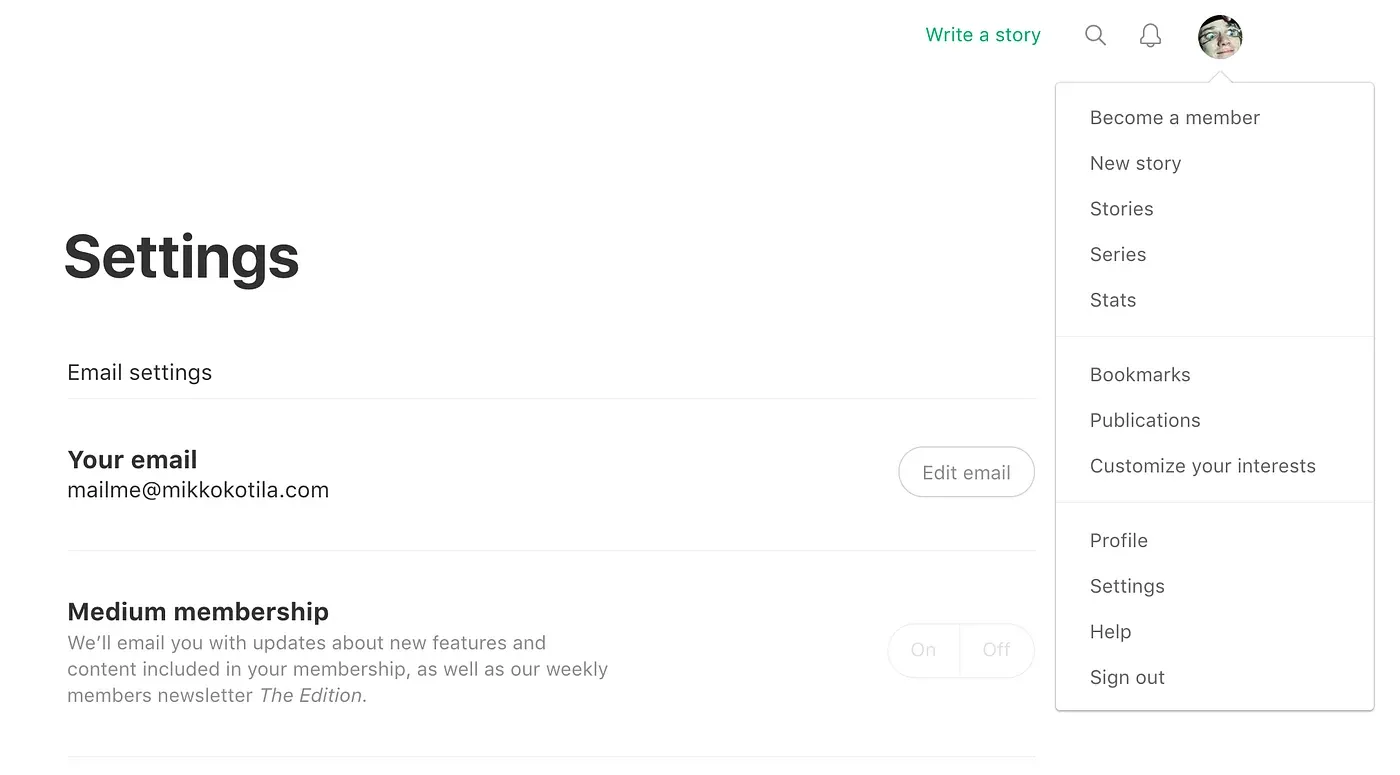 Medium settings page in 2017, with the account menu open
