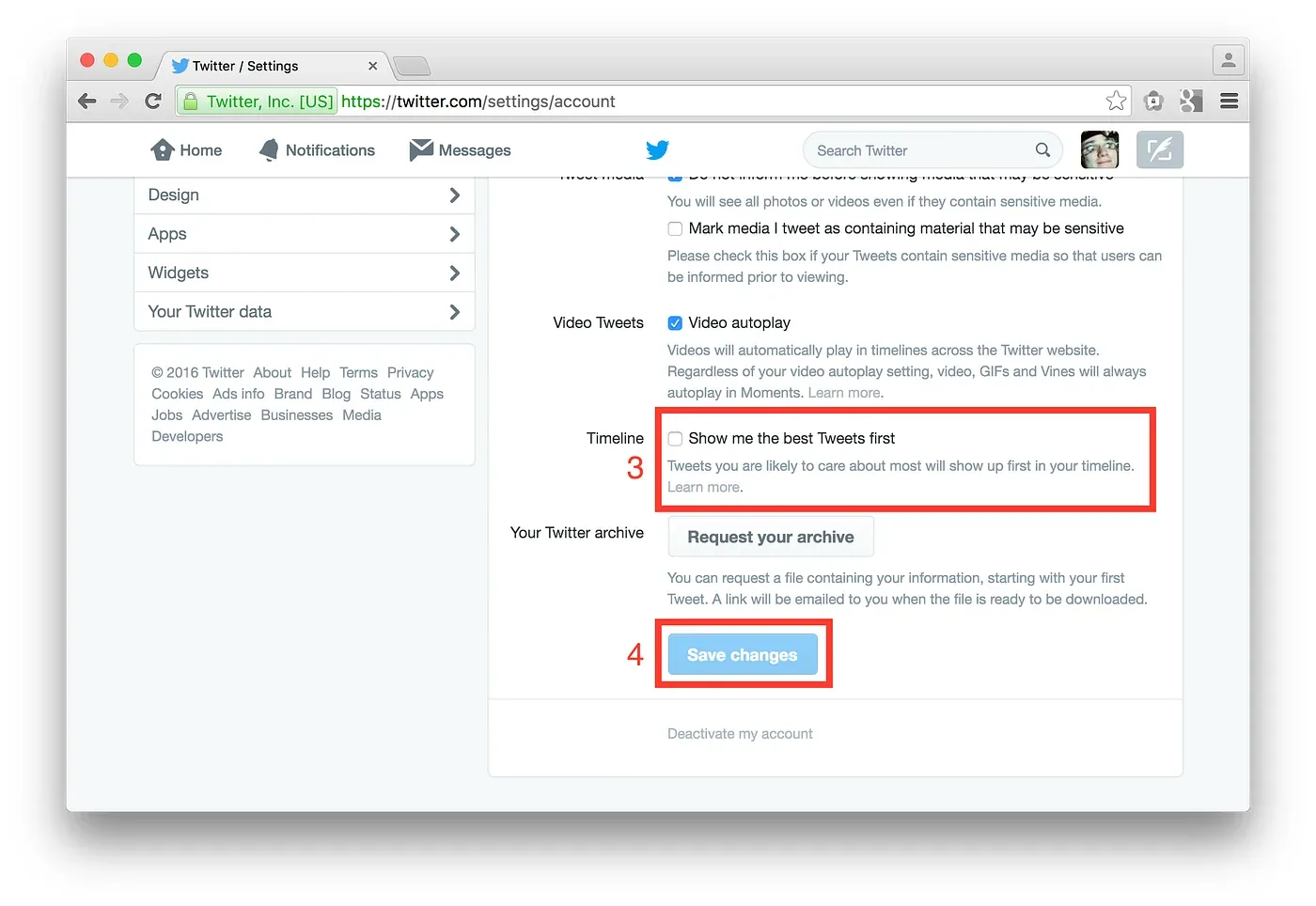 Twitter settings in 2016: “Show me the best Tweets first” (3) and Save changes (4)