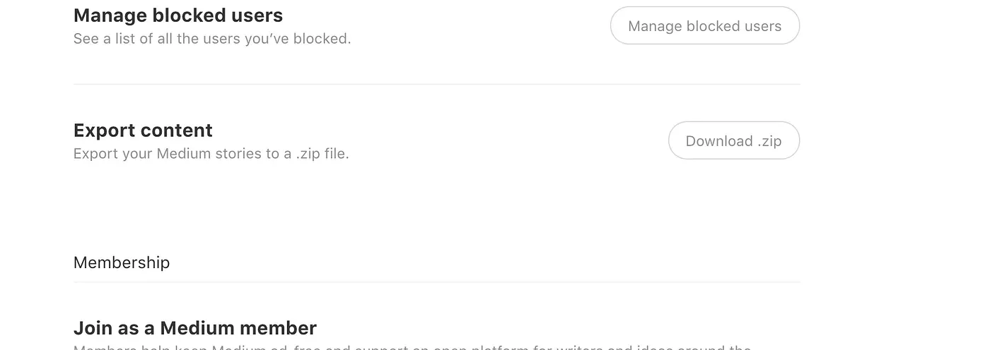 Medium settings: “Export content: export your Medium stories to a .zip file”, with a Download .zip button