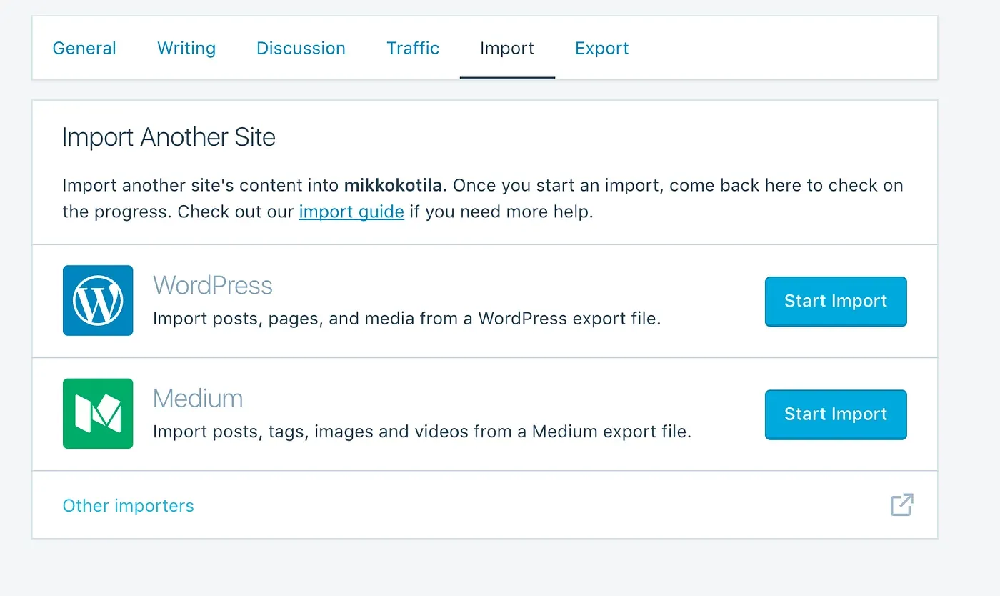 WordPress.com Import tab: “Import another site”, with the WordPress and Medium importers