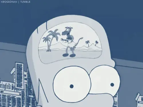 A cartoon depiction of thought: a creature inside a head, in a desert