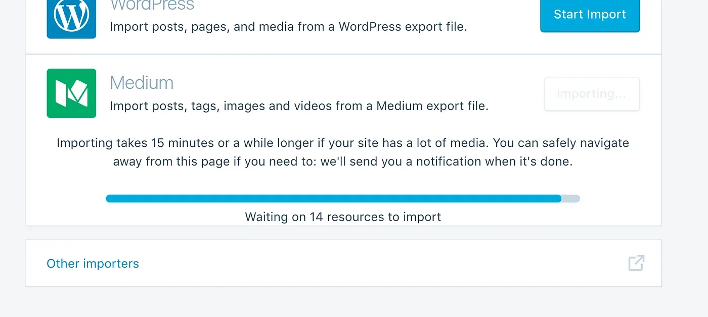 WordPress.com Medium importer at work: “Waiting on 14 resources to import”