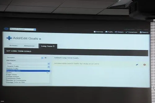 Photograph of a screen showing an analytics tool’s goal settings