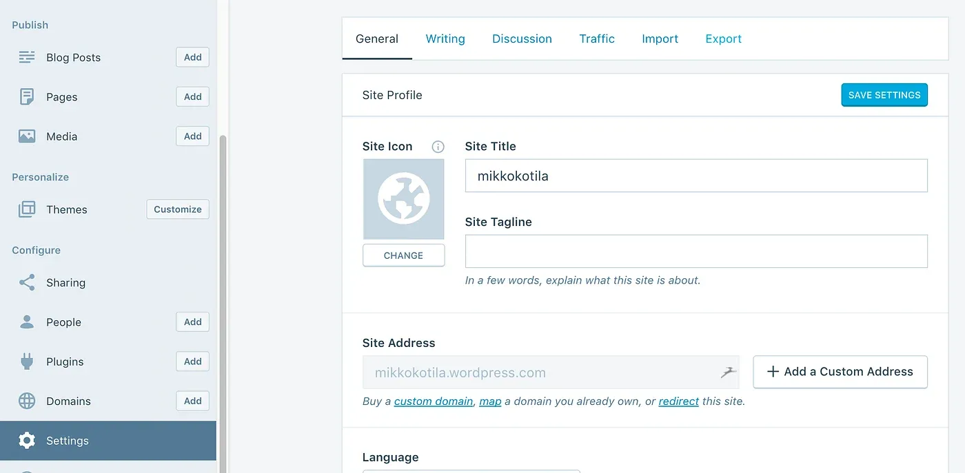 WordPress.com site settings, general tab, with the site title and address
